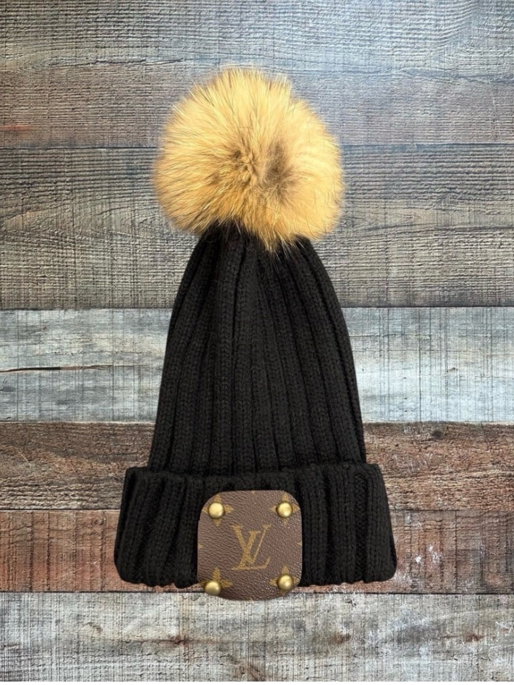 Louis Vuitton Black Knit Pom Beanie with Tan Fur Pom